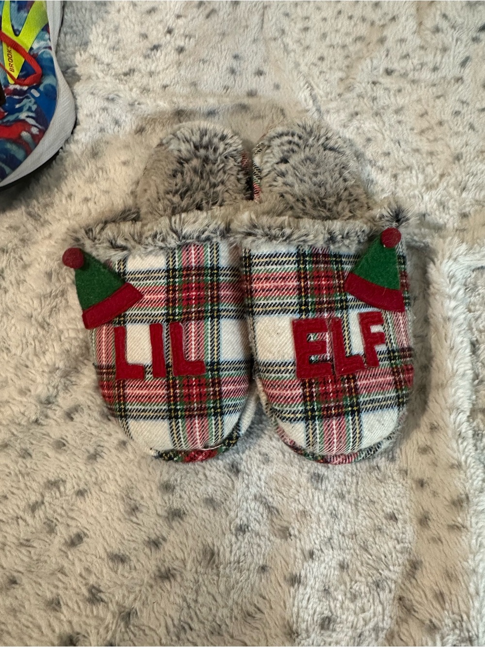 Kids Holiday Plaid 'Lil Elf' Slippers - Red Green Plaid